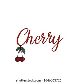 Lettering with cherries on a branch. Cherries with leaves. Set vector