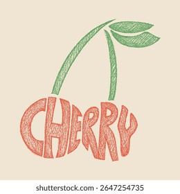 Lettering cherry retro Fruit vintage t-shirt design. Cherry time. Organic food artwork for a t-shirt. Summer print. Sweet and juicy artwork, Organic food artwork. Cherry slogan typography text