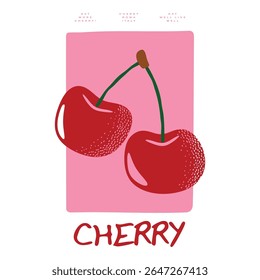 Lettering cherry retro Fruit vintage t-shirt design. Cherry time. Organic food artwork for a t-shirt. Summer print. Sweet and juicy artwork, Organic food artwork. Cherry slogan typography text