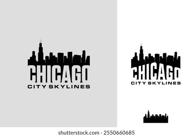 Lettering Chicago com City Building Skylines Silhueta logotipo design