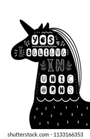 Lettering children poster i believe in unicorn in scandinavian style