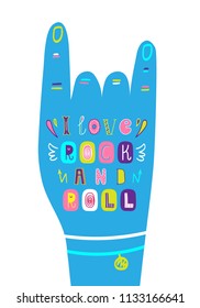 Lettering children poster i love rock and roll  in scandinavian style