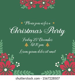 Lettering christmas party, with abstract red floral frame decoration. Vector