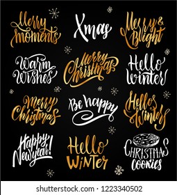 Lettering Christmas set. Merry Christmas. Hello winter. Warm wishes. Typography set. Vector logo, emblems, text design, banners, greeting cards, gifts. White and gold lettering on a black background.