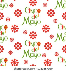 Lettering for Cinco de Mayo holiday on white background with maracas and pepper. Seamless pattern for fabric, wrapping paper, background. Vector illustration.