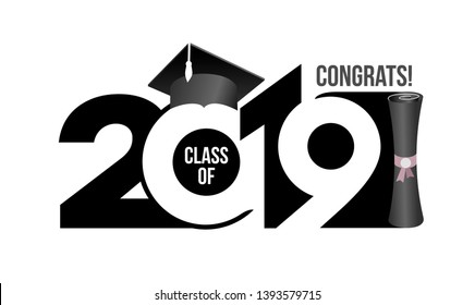 Lettering Class of 2019 for greeting, invitation card. Text for graduation design, congratulation event, T-shirt, party, high school or college graduate. Vector isolated on white background.