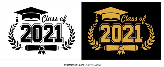 Lettering Class of 2021 for greeting, invitation card. Text for graduation design, congratulation event, T-shirt, party, high school or college graduate. Illustration, vector on transparent and black 