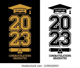 Lettering Class of 2023 for greeting card, invitation card. Text for graduation design, congratulation event, T-shirt, party, high school or college graduate. Vector on transparent and black backgroun