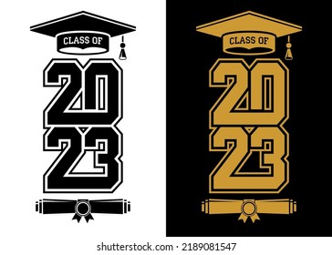 Lettering Class of 2023 for greeting, invitation card. Text for graduation design, congratulation event, T-shirt, party, high school or college graduate. Illustration, vector on transparent and black 