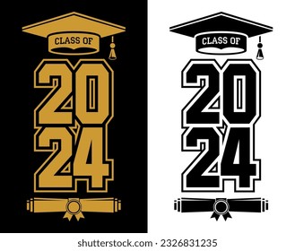 Lettering Class of 2023 for greeting, invitation card. Text for graduation design, congratulation event, T-shirt, party, high school or college graduate. Illustration, vector on transparent and black 