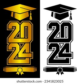 Lettering Class of 2024 for greeting, invitation card. Text for graduation design, congratulation event, T-shirt, party, high school or college graduate. Illustration, vector on transparent and black 