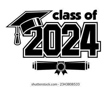 Clase de carta de 2024 para saludos, tarjeta de invitación. Texto para diseño de graduación, evento de felicitación, camiseta, fiesta, secundaria o graduado universitario. Vector en fondo transparente