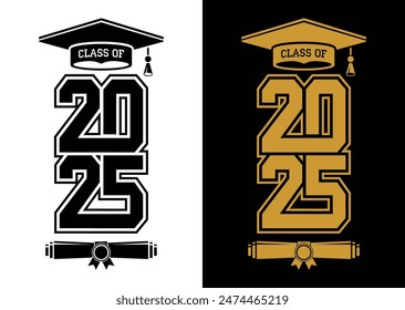 Lettering Class of 2025 for greeting, invitation card. Text for graduation design, congratulation event, T-shirt, party, high school or college graduate. Vector on transparent and black background