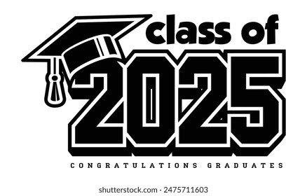 Clase de letras de 2025 para el saludo, tarjeta de invitación. Texto para el diseño de la graduación, evento de felicitación, camiseta, fiesta, graduado de la escuela secundaria o universitario. Vector sobre fondo transparente