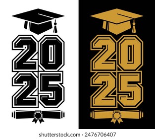 Clase de letras de 2025 para el saludo, tarjeta de invitación. Texto para el diseño de la graduación, evento de felicitación, camiseta, fiesta, graduado de la escuela secundaria o universitario. Vector sobre fondo transparente y negro