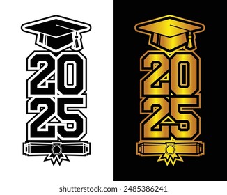 Clase de letras de 2025 para el saludo, tarjeta de invitación. Texto para el diseño de la graduación, evento de felicitación, camiseta, fiesta, graduado de la escuela secundaria o universitario. Vector sobre fondo transparente y negro