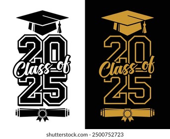 Lettering Class of 2025 for greeting, invitation card. Text for graduation design, congratulation event, T-shirt, party, high school or college graduate. Illustration, vector on transparent and black 