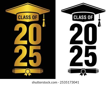 Lettering Class of 2025 for greeting, invitation card. Text for graduation design, congratulation event, T-shirt, party, high school or college graduate. Illustration, vector on transparent and black 