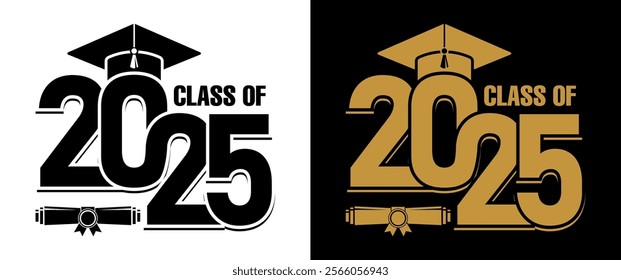 Lettering Class of 2025 for greeting, invitation card. Text for graduation design, congratulation event, T-shirt, party, high school or college graduate. Illustration, vector on transparent and black 