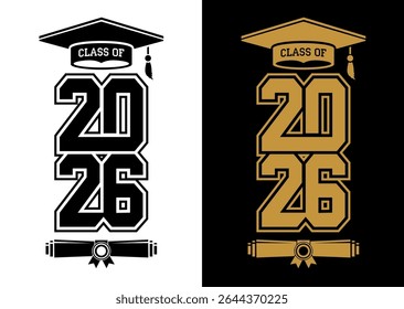 Lettering Class of 2026 for greeting, invitation card. Text for graduation design, congratulation event, T-shirt, party, high school or college graduate. Vector on transparent and black background