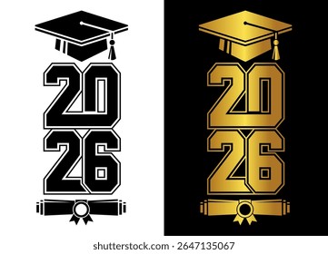 Lettering Class of 2026 for greeting, invitation card. Text for graduation design, congratulation event, T-shirt, party, high school or college graduate. Vector on transparent and black background