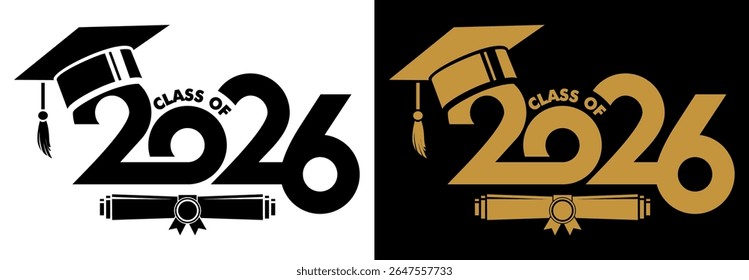 Lettering Class of 2026 for greeting, invitation card. Text for graduation design, congratulation event, T-shirt, party, high school or college graduate. Vector on transparent and black background