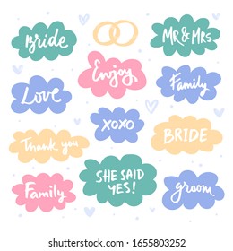 Lettering in clouds set. Wedding greeting words. Message package flat hand drawn illustration. Bride, enjoy, mr and Mrs, Groom, family, love, tank you phrases. Rings and hearts design element