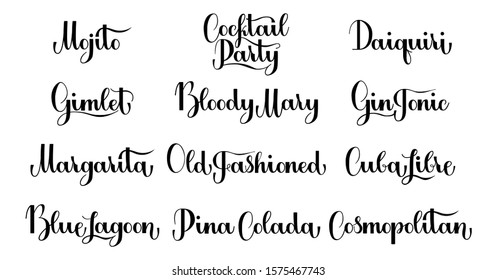 Lettering Cocktail set isolated on white background for print, design, bar, menu, offers, restaurant. Modern hand drawn lettering label for alcohol Cocktail set. Handwritten inscriptions for layout