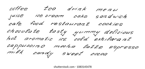 Lettering coffe, tea. Set calligraphy is an inscription menu for cafes and restaurants. Background of the inscriptions in English coffee, tea, ice cream, menu.
