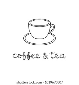 Lettering coffee and tea with hand drawn outline cup isolated on white background.