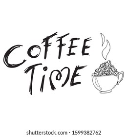 Lettering "coffee time". Vector illustration of a cup with coffee beans.