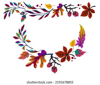 Lettering with a collection of autumn exotic leaves. Ethnic floral pattern, border, wreath. Poser with the inscription back to school, hello autumn. Banner with foliage of maple, chestnut, linden, asp