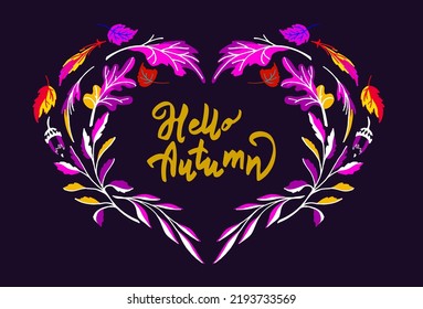 Lettering with a collection of autumn exotic leaves. Ethnic floral pattern, border, wreath. Poser with the inscription back to school, hello autumn. Banner with foliage of maple, chestnut, linden, asp