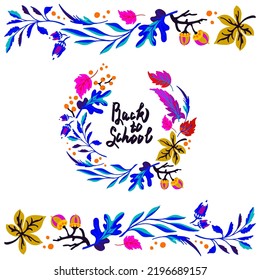 Lettering with a collection of autumn exotic leaves. Ethnic floral pattern, border, wreath. Poser with the inscription back to school, hello autumn. Banner with foliage of maple, chestnut, linden, asp
