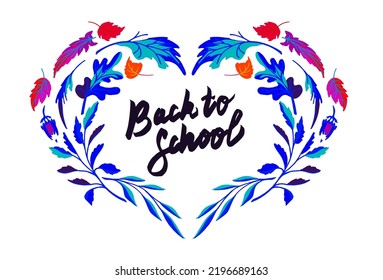 Lettering with a collection of autumn exotic leaves. Ethnic floral pattern, border, wreath. Poser with the inscription back to school, hello autumn. Banner with foliage of maple, chestnut, linden, asp