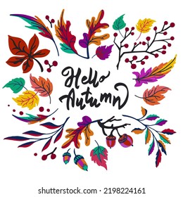 Lettering with a collection of autumn exotic leaves. Ethnic floral pattern, border, wreath. Poser with the inscription back to school, hello autumn. Banner with foliage of maple, chestnut, linden, asp