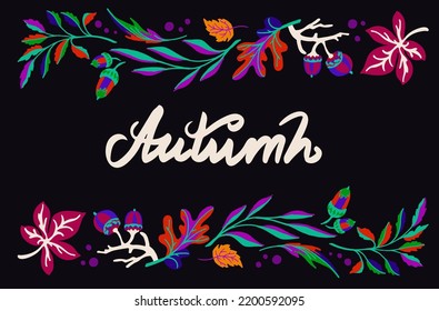 Lettering with a collection of autumn exotic leaves. Ethnic floral pattern, border, wreath. Poser with the inscription back to school, hello autumn. Banner with foliage of maple, chestnut, linden, asp