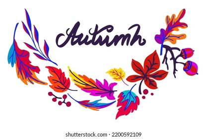 Lettering with a collection of autumn exotic leaves. Ethnic floral pattern, border, wreath. Poser with the inscription back to school, hello autumn. Banner with foliage of maple, chestnut, linden, asp