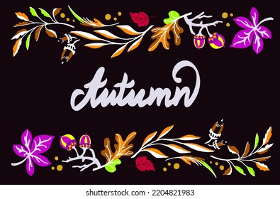 Lettering with a collection of autumn exotic leaves. Ethnic floral pattern, border, wreath. Poser with the inscription back to school, hello autumn. Banner with foliage of maple, chestnut, linden, asp