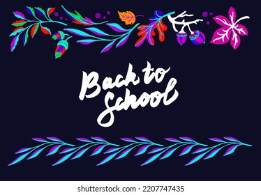 Lettering with a collection of autumn exotic leaves. Ethnic floral pattern, border, wreath. Poser with the inscription back to school, hello autumn. Banner with foliage of maple, chestnut, linden, asp