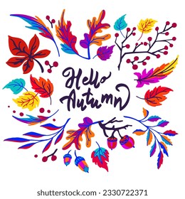 Lettering with a collection of autumn exotic leaves. Ethnic floral pattern, border, wreath. Poser with the inscription back to school, hello autumn. Banner with foliage of maple, chestnut, linden, asp