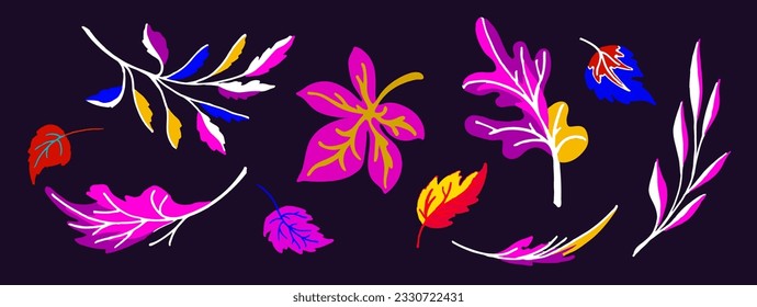 Lettering with a collection of autumn exotic leaves. Ethnic floral pattern, border. Poser with the inscription back to school, hello autumn. Banner with foliage of maple, aspen in cartoon style.