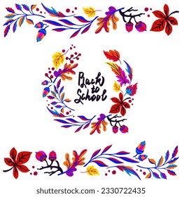 Lettering with a collection of autumn exotic leaves. Ethnic floral pattern, border. Poser with the inscription back to school, hello autumn. Banner with foliage of maple, aspen in cartoon style.