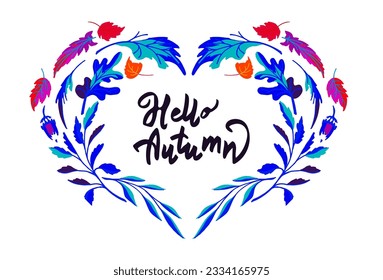 Lettering with a collection of autumn exotic leaves. Ethnic floral pattern, border, wreath. Poser with the inscription back to school, hello autumn. Banner with foliage of maple, chestnut, linden, asp