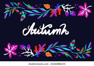 Lettering with a collection of autumn exotic leaves. Ethnic floral pattern, border, wreath. Poser with the inscription back to school, hello autumn. Banner with foliage of maple, chestnut, linden, asp
