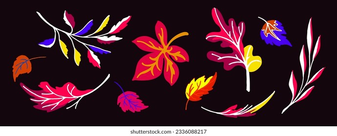 Lettering with a collection of autumn exotic leaves. Ethnic floral pattern, border, wreath. Poser with the inscription back to school, hello autumn. Banner with foliage of maple, chestnut, linden, asp