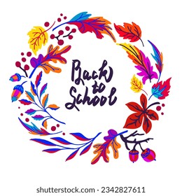 Lettering with a collection of autumn exotic leaves. Ethnic floral pattern, border, wreath. Poser with the inscription back to school, hello autumn. Banner with foliage of maple, chestnut, linden, asp