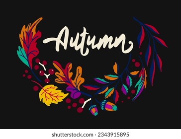 Lettering with a collection of autumn exotic leaves. Ethnic floral pattern, border, wreath. Poser with the inscription back to school, hello autumn. Banner with foliage of maple, chestnut, linden, asp