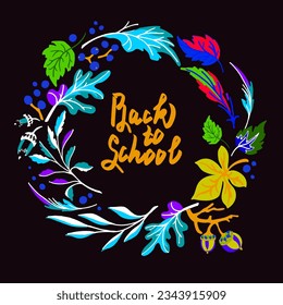 Lettering with a collection of autumn exotic leaves. Ethnic floral pattern, border, wreath. Poser with the inscription back to school, hello autumn. Banner with foliage of maple, chestnut, linden, asp