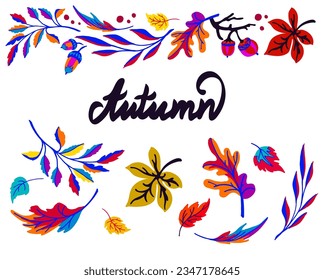 Lettering with a collection of autumn exotic leaves. Ethnic floral pattern, border, wreath. Poser with the inscription back to school, hello autumn. Banner with foliage of maple, chestnut, linden, asp